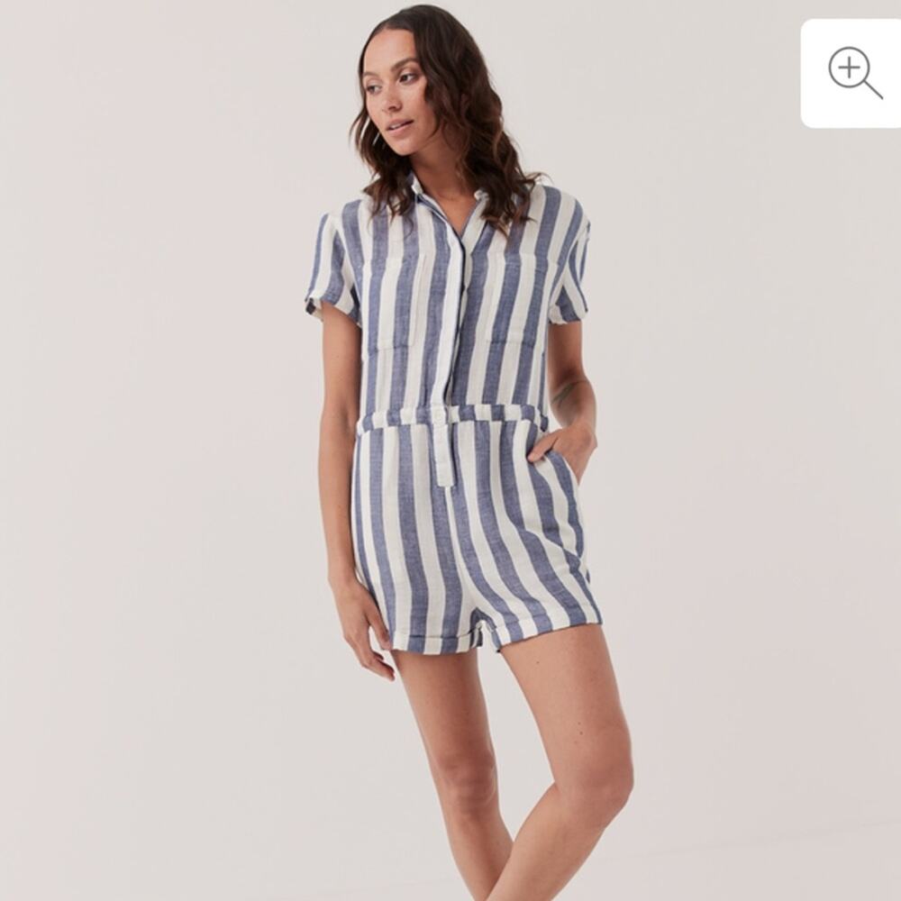 Pact The Harbour Short Sleeve Romper in‎ Mariner Stripe Blue & White Size S NEW